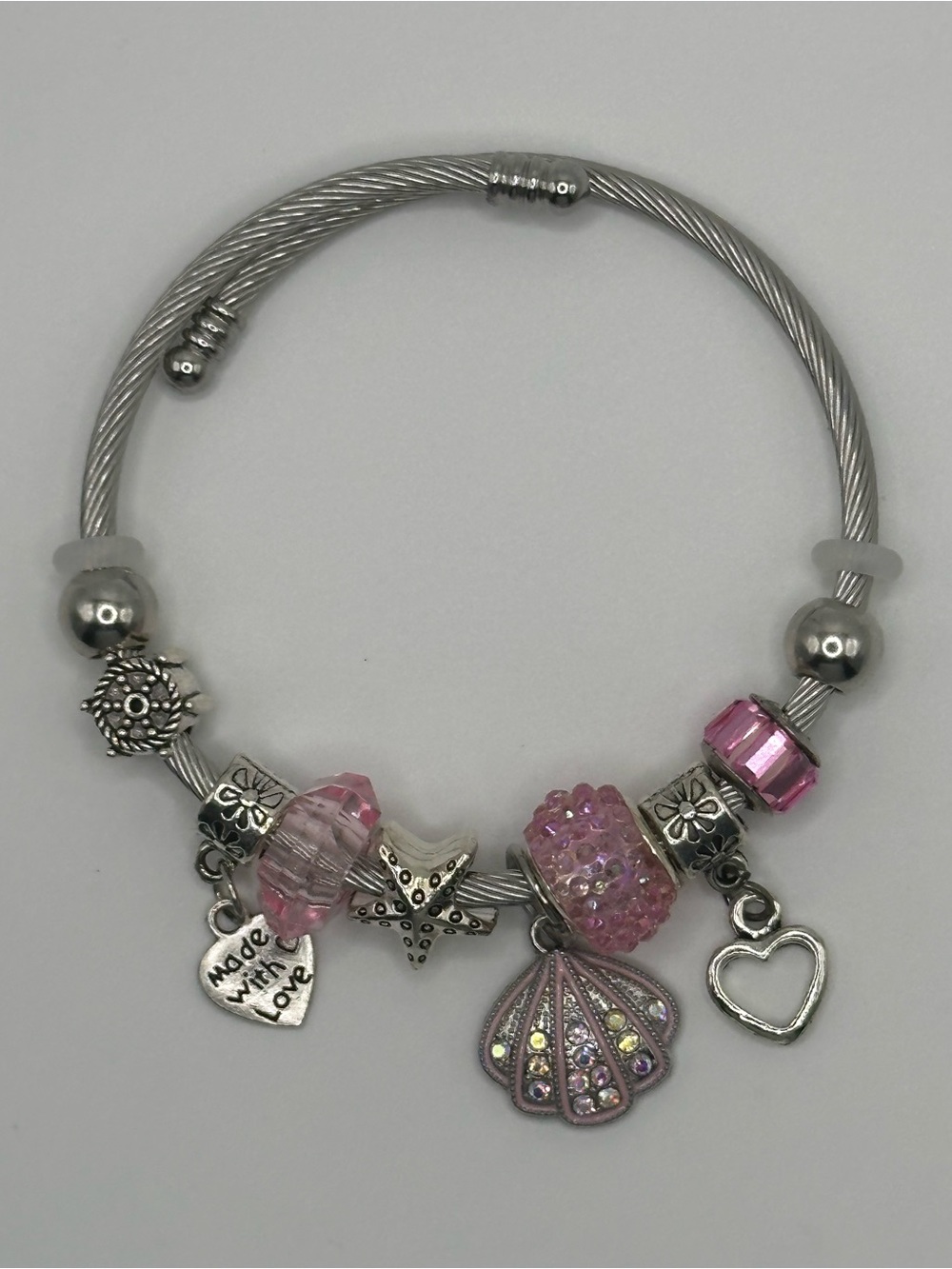 Silver Cable Bracelet with Pink Shell & Heart Charms